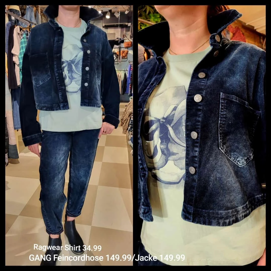 Dunkle Jeansjacke mit hellem Motivshirt und blauer Jeans, dazu eine Detailansicht.